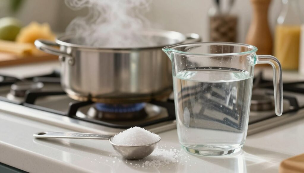 A clear, detailed scene of a kitchen countertop set for cooking pasta. In the foreground, a measuring spoon filled with 7-10 grams of coarse sea salt is prominently displayed beside a measuring cup filled with one liter of water. In the middle ground, a pot of boiling water on a stove is slightly blurred, with steam rising up, indicating readiness for pasta cooking. The background features utensils and ingredients typically used for pasta preparation, creating a homey atmosphere. Soft, warm lighting from above enhances the inviting ambiance, while a shallow depth of field draws focus to the salt and water. The overall mood is one of culinary preparation and delicious anticipation. A clear, detailed scene of a kitchen countertop set for cooking pasta. In the foreground, a measuring spoon filled with 7-10 grams of coarse sea salt is prominently displayed beside a measuring cup filled with one liter of water. In the middle ground, a pot of boiling water on a stove is slightly blurred, with steam rising up, indicating readiness for pasta cooking. The background features utensils and ingredients typically used for pasta preparation, creating a homey atmosphere. Soft, warm lighting from above enhances the inviting ambiance, while a shallow depth of field draws focus to the salt and water. The overall mood is one of culinary preparation and delicious anticipation.