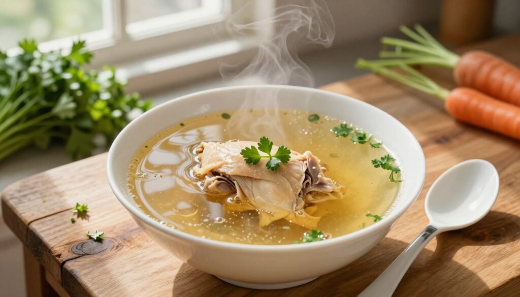 A clear, steaming bowl of chicken broth sits elegantly on a rustic wooden table, garnished with fresh herbs and accompanied by a delicate porcelain soup spoon. The broth is crystal clear, showcasing its rich golden hue, while bubbles gently rise to the surface, hinting at its savory, aromatic quality. In the background, soft natural light streams through a nearby window, casting gentle shadows that enhance the cozy kitchen atmosphere. An array of fresh vegetables and herbs, such as parsley and carrots, subtly peeks into view, adding a pop of color. The scene conveys warmth and comfort, evoking the essence of a home-cooked meal, framed from a slightly elevated angle to capture the bowl’s inviting details and the surrounding atmosphere.