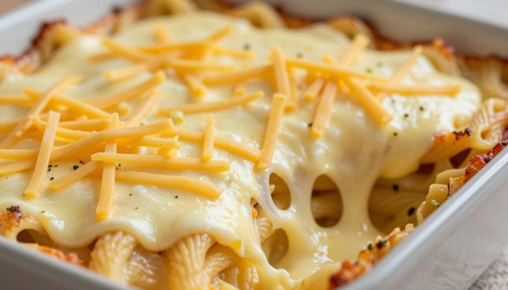 A close-up arrangement of a melted cheese blend ideal for a pasta casserole, showcasing layers of mozzarella, cheddar, and yellow cheese. The foreground features glistening, stringy mozzarella pulling away from a warm dish, with finely shredded cheddar sprinkled on top, all set against a background of cooked pasta nestled within a baking dish. The middle ground captures the rich, creamy sauce enveloping the pasta, with a hint of herbs peeking through. Soft, diffused lighting highlights the cheeses’ texture, creating an inviting, homely atmosphere. A shallow depth of field blurs the background slightly, focusing on the luscious cascade of cheese. The image should evoke warmth and comfort, ideal for a cozy family meal.