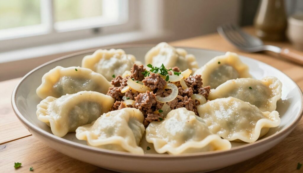 A close-up, beautifully arranged plate of traditional meat filling for pierogi, showcasing finely minced beef mixed with sautéed onions, garlic, and a sprinkle of fresh herbs. The filling is glistening, accentuating its juicy and aromatic texture, and is placed in an elegant, rustic bowl set on a wooden kitchen table. In the background, soft natural light streams through a window, creating a warm and inviting atmosphere, with hints of kitchen utensils and ingredients softly blurred. The lens captures the essence of comfort food with a shallow depth of field, highlighting the rich colors and textures of the meat filling.