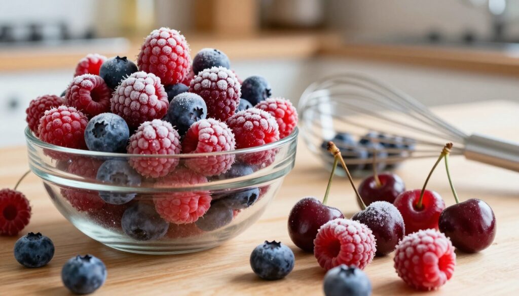 A close-up composition featuring a variety of frozen fruits ideal for baking—a colorful assortment of raspberries, blueberries, and cherries, glistening with frost. In the foreground, showcase the fruits in a stylish, transparent bowl, with some berries spilling out onto a wooden kitchen countertop. In the middle ground, soft-focus kitchen utensils, like a whisk and measuring cups, hint at the baking process. The background is a blurred kitchen setting with warm, inviting lighting creating a cozy atmosphere. The overall mood is vibrant and fresh, emphasizing the natural beauty of the fruits while subtly suggesting their purpose in baking, specifically for cheesecake recipes. The image should be bright and appetizing, capturing the essence of using frozen fruits in desserts. A close-up composition featuring a variety of frozen fruits ideal for baking—a colorful assortment of raspberries, blueberries, and cherries, glistening with frost. In the foreground, showcase the fruits in a stylish, transparent bowl, with some berries spilling out onto a wooden kitchen countertop. In the middle ground, soft-focus kitchen utensils, like a whisk and measuring cups, hint at the baking process. The background is a blurred kitchen setting with warm, inviting lighting creating a cozy atmosphere. The overall mood is vibrant and fresh, emphasizing the natural beauty of the fruits while subtly suggesting their purpose in baking, specifically for cheesecake recipes. The image should be bright and appetizing, capturing the essence of using frozen fruits in desserts.