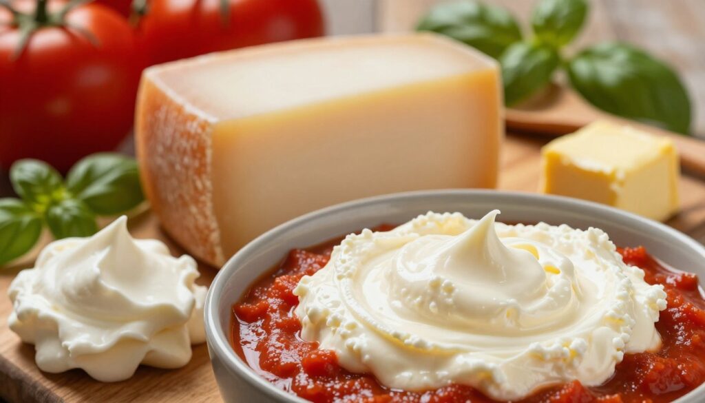 A close-up composition featuring rich, creamy ingredients used to thicken tomato sauce. In the foreground, a bowl of smooth mascarpone cheese, surrounded by dollops of fresh cream and golden butter, glistening under soft, warm lighting. In the middle, a chunk of traditional cheese, with a partially grated texture, adds depth to the scene. The background should suggest a rustic kitchen setting, with hints of ripe tomatoes, fresh basil leaves, and a wooden spoon resting on a cutting board. The atmosphere is inviting and warm, evoking a sense of comfort and culinary creativity. The image should showcase the textures and colors vividly, with a focus on the creamy elements, inviting viewers into the world of delicious cooking. A close-up composition featuring rich, creamy ingredients used to thicken tomato sauce. In the foreground, a bowl of smooth mascarpone cheese, surrounded by dollops of fresh cream and golden butter, glistening under soft, warm lighting. In the middle, a chunk of traditional cheese, with a partially grated texture, adds depth to the scene. The background should suggest a rustic kitchen setting, with hints of ripe tomatoes, fresh basil leaves, and a wooden spoon resting on a cutting board. The atmosphere is inviting and warm, evoking a sense of comfort and culinary creativity. The image should showcase the textures and colors vividly, with a focus on the creamy elements, inviting viewers into the world of delicious cooking.