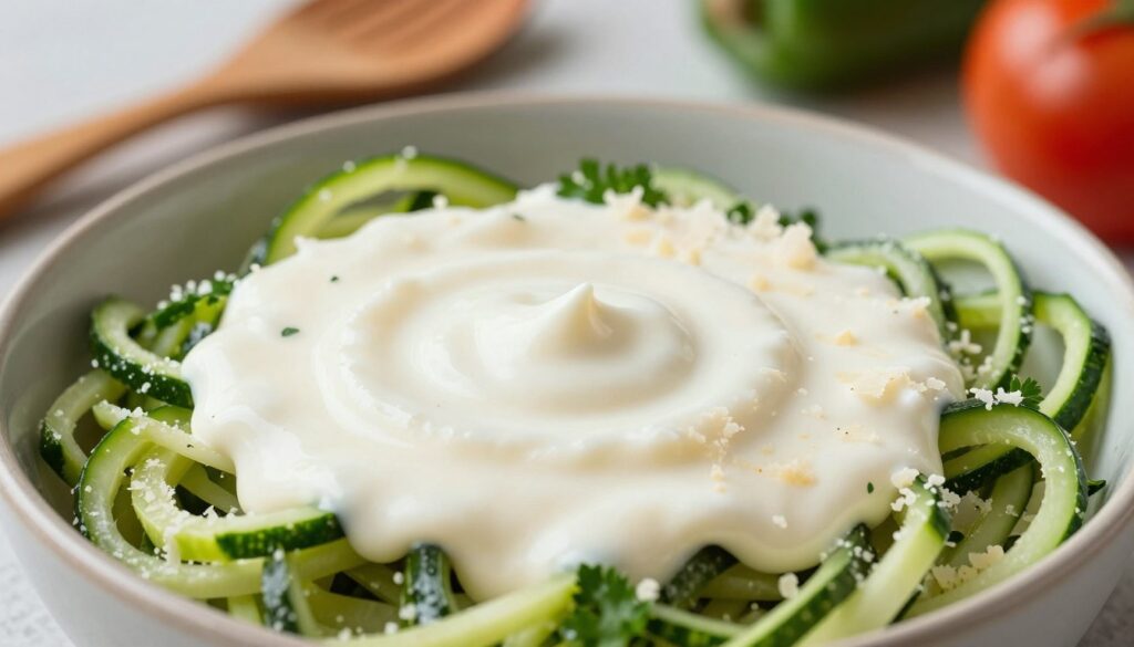 A close-up composition of a creamy, lighter white sauce in a rustic bowl, surrounded by fresh ingredients like chopped herbs, zoodles (spiralized zucchini), and a sprinkle of parmesan cheese. The sauce should appear smooth and luscious, drizzled elegantly over the zoodles to emphasize its light texture. In the background, a softly blurred kitchen setting showcases wooden utensils and a few vibrant vegetables, creating a warm, inviting atmosphere. The lighting is bright and natural, casting soft shadows that enhance the freshness of the ingredients. The focus is sharp on the sauce, with a shallow depth of field to draw attention to its creamy consistency, evoking a sense of healthy indulgence.