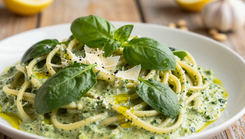 A close-up composition of a vibrant, creamy spinach pasta dish, artfully garnished with fresh spinach leaves, a sprinkle of grated Parmesan cheese, and a drizzle of olive oil. In the foreground, the rich, smooth texture of the spinach cream sauce contrasts beautifully with the delicate strands of pasta, glistening under soft, natural lighting. The middle ground features fragrant herbs like basil and a hint of garlic, subtly enhancing the dish's appeal. In the background, a rustic wooden table adds warmth and an inviting atmosphere, complemented by a few scattered pine nuts and a hint of lemon zest. The image conveys a sense of culinary elegance and comfort, enticing the viewer with its rich colors and textures. A close-up composition of a vibrant, creamy spinach pasta dish, artfully garnished with fresh spinach leaves, a sprinkle of grated Parmesan cheese, and a drizzle of olive oil. In the foreground, the rich, smooth texture of the spinach cream sauce contrasts beautifully with the delicate strands of pasta, glistening under soft, natural lighting. The middle ground features fragrant herbs like basil and a hint of garlic, subtly enhancing the dish's appeal. In the background, a rustic wooden table adds warmth and an inviting atmosphere, complemented by a few scattered pine nuts and a hint of lemon zest. The image conveys a sense of culinary elegance and comfort, enticing the viewer with its rich colors and textures.