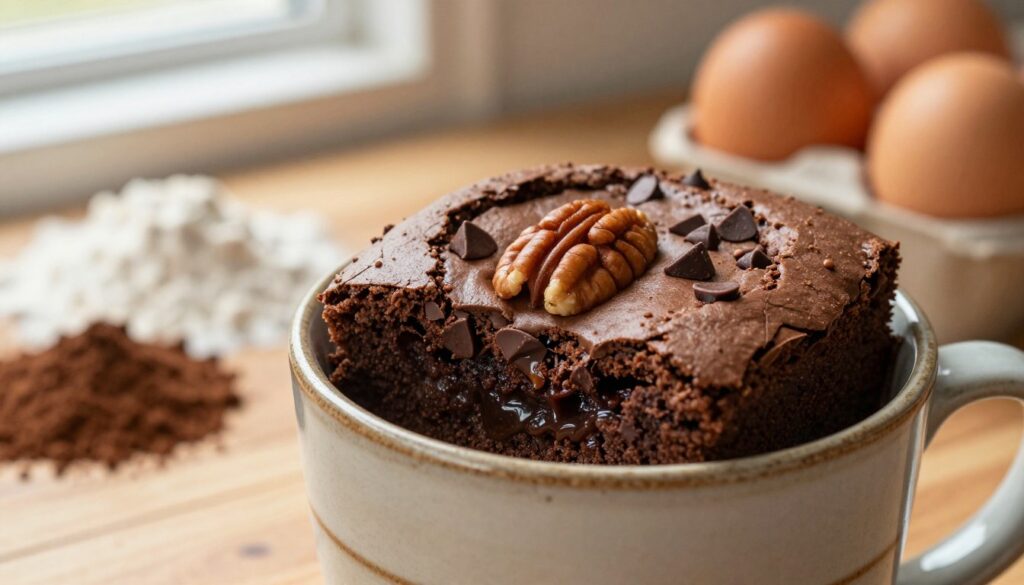 A close-up image of a chocolate brownie in a mug, featuring a slightly cracked surface with a gooey, moist interior. The brownie should look rich and indulgent, with a few pecans and chocolate chips sprinkled on top. In the foreground, include the mug, which is ceramic and has a rustic design, resting on a wooden kitchen counter. In the background, softly blurred baking ingredients such as flour, cocoa powder, and eggs can be seen, adding context to the baking process. The lighting should be warm and inviting, with natural light coming from a nearby window, creating soft shadows. The atmosphere feels homely and cozy, perfect for a quick dessert fix.