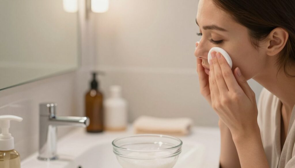 A close-up image of a serene bathroom setting, focusing on a gentle makeup removal process. In the foreground, a model with modest casual clothing is using a cotton pad soaked in a gentle makeup remover, carefully removing makeup from her eyes, adorned with false eyelashes. In the middle, a sleek glass bowl of makeup remover is presented, along with a soft towel. The background features a well-lit bathroom with neutral tones, a mirror reflecting the calming ambiance. Soft, natural light filters in, casting a warm glow that emphasizes the gentle nature of the skincare routine. The overall mood is peaceful and nurturing, ideal for conveying a sense of self-care.