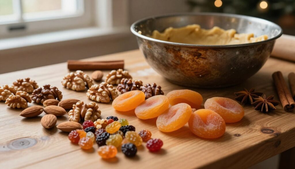 A close-up image of a wooden table adorned with an array of mixed nuts and dried fruits, ideal for enhancing tradition-rich gingerbread. In the foreground, a mix of almonds, walnuts, dried apricots, and raisins is artfully arranged, showcasing their vibrant colors and textures. The middle ground features a vintage, rustically styled mixing bowl, partly filled with prepared gingerbread dough, emphasizing the baking process. Soft, warm ambient light filters through a nearby window, creating a cozy atmosphere and casting gentle shadows, enhancing the organic quality of the ingredients. The background includes a hint of seasonal decorations, like cinnamon sticks and star anise, to evoke a festive spirit. The overall mood is inviting and warm, perfect for a holiday baking scene. A close-up image of a wooden table adorned with an array of mixed nuts and dried fruits, ideal for enhancing tradition-rich gingerbread. In the foreground, a mix of almonds, walnuts, dried apricots, and raisins is artfully arranged, showcasing their vibrant colors and textures. The middle ground features a vintage, rustically styled mixing bowl, partly filled with prepared gingerbread dough, emphasizing the baking process. Soft, warm ambient light filters through a nearby window, creating a cozy atmosphere and casting gentle shadows, enhancing the organic quality of the ingredients. The background includes a hint of seasonal decorations, like cinnamon sticks and star anise, to evoke a festive spirit. The overall mood is inviting and warm, perfect for a holiday baking scene.