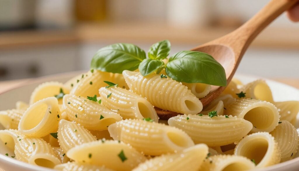 A close-up image of perfectly cooked pasta, specifically "makaron dente", showcasing its ideal al dente texture. The foreground features a generous serving of the pasta, each piece displaying a slight sheen and a firm, resilient bite. The middle ground includes a wooden spoon gently mixing the pasta, hinting at the cooking process, with fresh herbs like basil and parsley scattered artistically atop. The background reveals a softly blurred kitchen environment, illuminated by warm, inviting lighting that enhances the food's colors. The overall mood is cozy and appetizing, inviting viewers to imagine the taste and texture of the pasta, while emphasizing its springy, toothsome quality. The camera angle is slightly above the dish, creating an enticing perspective that draws the eye to the al dente perfection of the pasta. A close-up image of perfectly cooked pasta, specifically "makaron dente", showcasing its ideal al dente texture. The foreground features a generous serving of the pasta, each piece displaying a slight sheen and a firm, resilient bite. The middle ground includes a wooden spoon gently mixing the pasta, hinting at the cooking process, with fresh herbs like basil and parsley scattered artistically atop. The background reveals a softly blurred kitchen environment, illuminated by warm, inviting lighting that enhances the food's colors. The overall mood is cozy and appetizing, inviting viewers to imagine the taste and texture of the pasta, while emphasizing its springy, toothsome quality. The camera angle is slightly above the dish, creating an enticing perspective that draws the eye to the al dente perfection of the pasta.