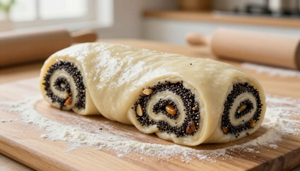 A close-up of a beautiful, freshly prepared masa makowa, showcasing its rich, dark poppy seed filling, interspersed with hints of honey and nuts. The masa is soft and slightly glossy, rolled into a perfect log shape, with intricate swirls visible on the surface. In the background, an elegant wooden kitchen table adorned with a dusting of flour and rolling pins enhances the scene. Soft, warm lighting filters in from a nearby window, creating an inviting atmosphere that highlights the texture of the masa. The focus is on the masa makowa, emphasizing its details against a softly blurred background, capturing the essence of baking while ensuring a clean, professional aesthetic, ideal for an article on baking techniques. A close-up of a beautiful, freshly prepared masa makowa, showcasing its rich, dark poppy seed filling, interspersed with hints of honey and nuts. The masa is soft and slightly glossy, rolled into a perfect log shape, with intricate swirls visible on the surface. In the background, an elegant wooden kitchen table adorned with a dusting of flour and rolling pins enhances the scene. Soft, warm lighting filters in from a nearby window, creating an inviting atmosphere that highlights the texture of the masa. The focus is on the masa makowa, emphasizing its details against a softly blurred background, capturing the essence of baking while ensuring a clean, professional aesthetic, ideal for an article on baking techniques.