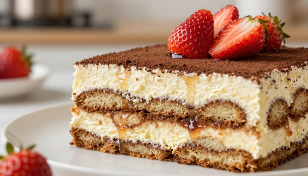 A close-up of a beautifully layered tiramisu with strawberries, showcasing a perfect slice cut away to reveal its rich texture and intricate layers. The creamy mascarpone and coffee-soaked ladyfingers are artistically arranged, with fresh strawberries placed atop, glistening with a light syrup. In the background, a subtle kitchen setting can be seen with soft, warm lighting that creates an inviting and cozy atmosphere. The focus is sharp on the dessert, while the background is softly blurred, highlighting the tiramisu as the centerpiece. The image captures a moment of indulgence, evoking a sense of sweetness and comfort, inviting viewers to appreciate the intricacies of this classic dessert. A close-up of a beautifully layered tiramisu with strawberries, showcasing a perfect slice cut away to reveal its rich texture and intricate layers. The creamy mascarpone and coffee-soaked ladyfingers are artistically arranged, with fresh strawberries placed atop, glistening with a light syrup. In the background, a subtle kitchen setting can be seen with soft, warm lighting that creates an inviting and cozy atmosphere. The focus is sharp on the dessert, while the background is softly blurred, highlighting the tiramisu as the centerpiece. The image captures a moment of indulgence, evoking a sense of sweetness and comfort, inviting viewers to appreciate the intricacies of this classic dessert.