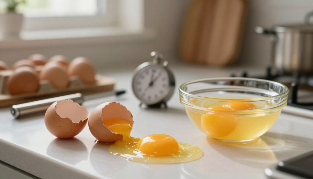 A close-up of a kitchen countertop with various eggs being prepared for tiramisu, showing common mistakes in egg boiling techniques. In the foreground, two cracked eggs in their shells reveal overcooked yolks, with wisps of egg white spilling out. Next to them, a bowl displays undercooked egg yolks that are bright and runny. In the middle ground, there are kitchen utensils like a thermometer and a timer, symbolizing proper egg preparation methods. The background features a softly lit kitchen setting, with warm, inviting tones, emphasizing a homely atmosphere. Soft natural light filters through a nearby window, casting gentle shadows, adding to the focus on the mistakes depicted. The overall mood conveys the theme of easy and stress-free cooking while highlighting areas to avoid pitfalls. A close-up of a kitchen countertop with various eggs being prepared for tiramisu, showing common mistakes in egg boiling techniques. In the foreground, two cracked eggs in their shells reveal overcooked yolks, with wisps of egg white spilling out. Next to them, a bowl displays undercooked egg yolks that are bright and runny. In the middle ground, there are kitchen utensils like a thermometer and a timer, symbolizing proper egg preparation methods. The background features a softly lit kitchen setting, with warm, inviting tones, emphasizing a homely atmosphere. Soft natural light filters through a nearby window, casting gentle shadows, adding to the focus on the mistakes depicted. The overall mood conveys the theme of easy and stress-free cooking while highlighting areas to avoid pitfalls.