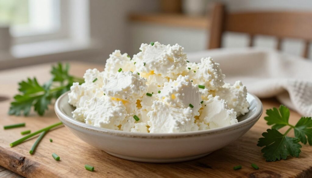 A close-up of creamy, white twaróg cheese on a rustic wooden table, highlighting its crumbly texture and fresh appearance. The twaróg is placed in a small, traditional bowl, surrounded by scattered herbs like chives and parsley. In the background, a cloth draped over a chair, hinting at a cozy kitchen setting. Soft, natural light filters through a nearby window, creating a warm and inviting atmosphere. The focus is sharp on the twaróg, while the background is slightly blurred to emphasize the subject. The scene conveys a sense of freshness and home-cooked simplicity, ideal for showcasing the richness and versatility of twaróg in savory dishes.