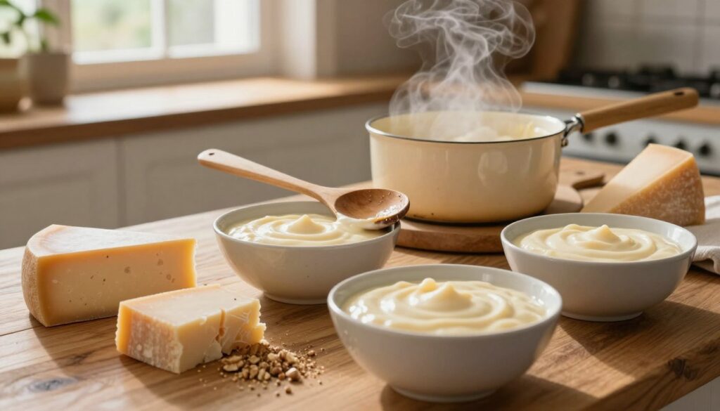 A close-up of fresh ingredients for a béchamel sauce and cheese, beautifully arranged on a rustic wooden countertop. In the foreground, there are several bowls of creamy béchamel sauce, rich with a velvety texture. Scattered around are sections of nutty Gruyère cheese and sharp Parmigiano-Reggiano, along with a sprinkle of freshly grated nutmeg. The middle layer features a wooden spoon, slightly stained from the sauce, and a small pot simmering gently in the background, releasing soft steam. The background includes a cozy kitchen setting, illuminated by warm, natural light streaming through a window, creating an inviting and homely atmosphere. The overall mood is warm and appetizing, evoking the comfort of home-cooked meals. A close-up of fresh ingredients for a béchamel sauce and cheese, beautifully arranged on a rustic wooden countertop. In the foreground, there are several bowls of creamy béchamel sauce, rich with a velvety texture. Scattered around are sections of nutty Gruyère cheese and sharp Parmigiano-Reggiano, along with a sprinkle of freshly grated nutmeg. The middle layer features a wooden spoon, slightly stained from the sauce, and a small pot simmering gently in the background, releasing soft steam. The background includes a cozy kitchen setting, illuminated by warm, natural light streaming through a window, creating an inviting and homely atmosphere. The overall mood is warm and appetizing, evoking the comfort of home-cooked meals.