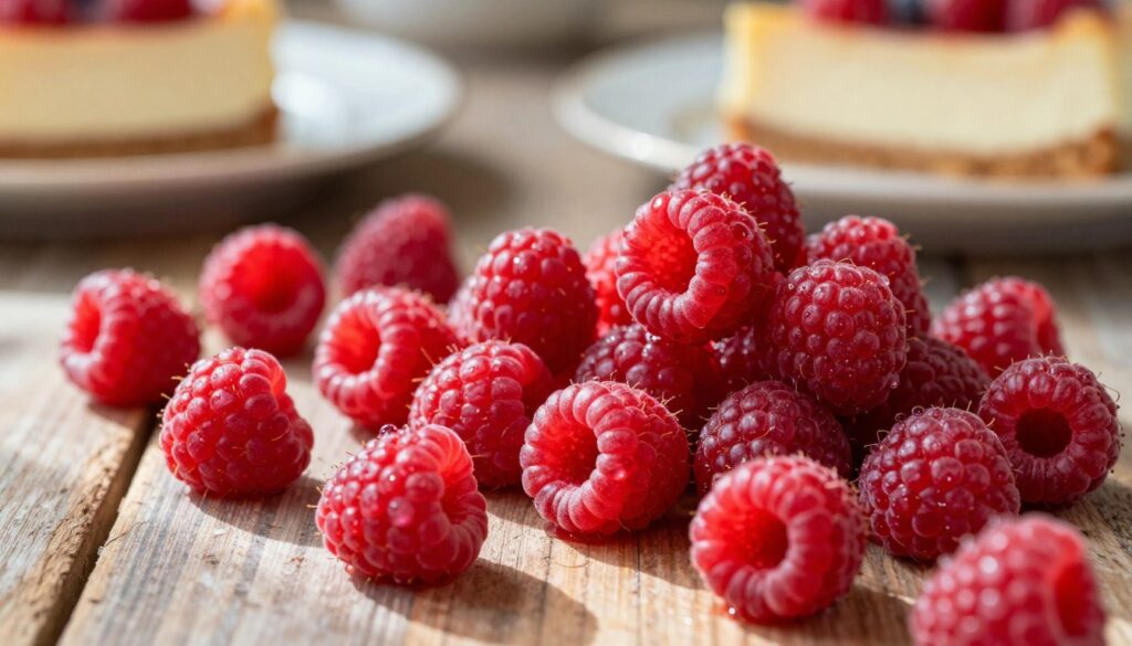 A close-up of fresh, vibrant raspberries (maliny) arranged attractively on a rustic wooden table. The foreground features plump, glistening raspberries with tiny droplets of water, highlighting their juiciness. In the middle ground, a few raspberries are cut in half, showing their bright red interior and seeds, emphasizing their freshness and texture. The background softly blurs to showcase a delicate kitchen setting with a hint of creamy cheesecake and a vintage dessert plate, creating an inviting atmosphere. Soft, natural lighting streams in from the left, casting gentle shadows and enhancing the rich colors of the fruit. The mood is warm and homely, inviting the viewer to explore delicious dessert possibilities. A close-up of fresh, vibrant raspberries (maliny) arranged attractively on a rustic wooden table. The foreground features plump, glistening raspberries with tiny droplets of water, highlighting their juiciness. In the middle ground, a few raspberries are cut in half, showing their bright red interior and seeds, emphasizing their freshness and texture. The background softly blurs to showcase a delicate kitchen setting with a hint of creamy cheesecake and a vintage dessert plate, creating an inviting atmosphere. Soft, natural lighting streams in from the left, casting gentle shadows and enhancing the rich colors of the fruit. The mood is warm and homely, inviting the viewer to explore delicious dessert possibilities.