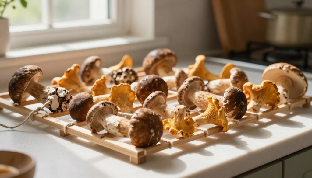 A close-up scene of freshly picked mushrooms strung on a natural twine, gently swaying in a rustic, bright kitchen. The mushrooms are various types, including chanterelles and porcini, showcasing their rich earthy colors and textures. In the background, wooden drying racks and soft sunlight filter through a window, creating a warm and inviting atmosphere. Dappled shadows dance on the counter, highlighting the organic nature of the drying process. The focus is sharp on the mushrooms while the background is slightly blurred, creating depth. Capture this cozy, homey environment to evoke the traditional method of drying mushrooms at home. A close-up scene of freshly picked mushrooms strung on a natural twine, gently swaying in a rustic, bright kitchen. The mushrooms are various types, including chanterelles and porcini, showcasing their rich earthy colors and textures. In the background, wooden drying racks and soft sunlight filter through a window, creating a warm and inviting atmosphere. Dappled shadows dance on the counter, highlighting the organic nature of the drying process. The focus is sharp on the mushrooms while the background is slightly blurred, creating depth. Capture this cozy, homey environment to evoke the traditional method of drying mushrooms at home.