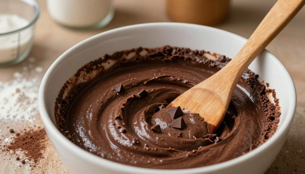 A close-up shot of a bowl filled with rich chocolate brownie batter, emphasizing its thick, glossy texture. The batter is speckled with chocolate chunks that glisten under soft, warm lighting. In the foreground, a wooden spatula is partially submerged in the batter, suggesting a handmade approach. In the middle, a rustic kitchen counter is visible, with scattered flour and cocoa powder around the bowl, hinting at the baking process. The background features a blurred view of measuring cups and baking ingredients in soft focus, creating a cozy, inviting atmosphere. The angle of the shot is slightly top-down, capturing both the bowl and the work surface, evoking a sense of warmth and creativity in the baking experience. A close-up shot of a bowl filled with rich chocolate brownie batter, emphasizing its thick, glossy texture. The batter is speckled with chocolate chunks that glisten under soft, warm lighting. In the foreground, a wooden spatula is partially submerged in the batter, suggesting a handmade approach. In the middle, a rustic kitchen counter is visible, with scattered flour and cocoa powder around the bowl, hinting at the baking process. The background features a blurred view of measuring cups and baking ingredients in soft focus, creating a cozy, inviting atmosphere. The angle of the shot is slightly top-down, capturing both the bowl and the work surface, evoking a sense of warmth and creativity in the baking experience.