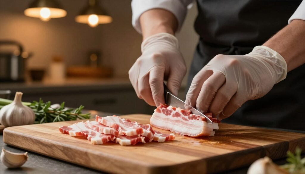 A close-up shot of a chef's hands skillfully slicing raw bacon into small cubes and strips on a wooden cutting board. The background features a dimly lit kitchen with warm, inviting light shining from overhead pendant lamps, creating a cozy atmosphere. The cutting board is surrounded by fresh ingredients such as garlic cloves and herbs, subtly placed to enhance the visual appeal. The foreground showcases the intricate details of the bacon’s marbling, highlighting its texture and freshness. The chef's hands are gloved, symbolizing professionalism and hygiene, while using a sharp knife with precision. The overall mood is focused and inviting, emphasizing the craftsmanship involved in preparing bacon for carbonara. A close-up shot of a chef's hands skillfully slicing raw bacon into small cubes and strips on a wooden cutting board. The background features a dimly lit kitchen with warm, inviting light shining from overhead pendant lamps, creating a cozy atmosphere. The cutting board is surrounded by fresh ingredients such as garlic cloves and herbs, subtly placed to enhance the visual appeal. The foreground showcases the intricate details of the bacon’s marbling, highlighting its texture and freshness. The chef's hands are gloved, symbolizing professionalism and hygiene, while using a sharp knife with precision. The overall mood is focused and inviting, emphasizing the craftsmanship involved in preparing bacon for carbonara.