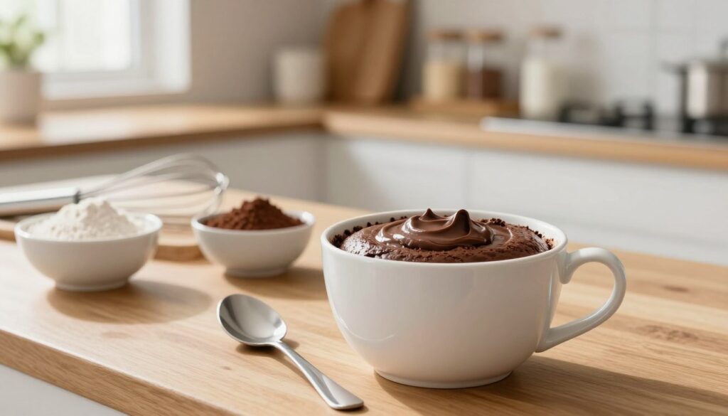 A close-up shot of a cozy kitchen scene showcasing a microwave mug cake being prepared. In the foreground, a white ceramic mug filled with a rich, chocolate batter sits on a wooden kitchen counter, with a spoon resting beside it. Bright, warm lighting illuminates the scene, highlighting the glossy texture of the batter. In the middle ground, there are ingredients like flour, sugar, and cocoa powder neatly arranged in small bowls, alongside a mixing whisk. The background gently fades into a softly blurred kitchen setting with shelves of baking ingredients and a window letting in natural light, creating a homey atmosphere. The overall mood is inviting and warm, perfect for illustrating a simple recipe. A close-up shot of a cozy kitchen scene showcasing a microwave mug cake being prepared. In the foreground, a white ceramic mug filled with a rich, chocolate batter sits on a wooden kitchen counter, with a spoon resting beside it. Bright, warm lighting illuminates the scene, highlighting the glossy texture of the batter. In the middle ground, there are ingredients like flour, sugar, and cocoa powder neatly arranged in small bowls, alongside a mixing whisk. The background gently fades into a softly blurred kitchen setting with shelves of baking ingredients and a window letting in natural light, creating a homey atmosphere. The overall mood is inviting and warm, perfect for illustrating a simple recipe.