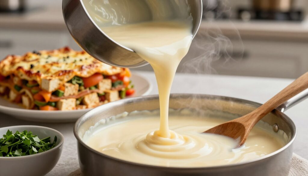 A close-up shot of a creamy béchamel sauce, in a modern kitchen setting. The béchamel is being poured from a saucepan, with a smooth and velvety texture, glistening under warm, soft lighting. In the foreground, a wooden spoon rests beside the saucepan, and a bowl filled with fresh, chopped herbs adds a pop of color. The background features an elegant lasagne dish, partially assembled, showcasing layers of vibrant tofu and vegetables peeking through. The kitchen has a cozy and inviting atmosphere, with soft shadows and a hint of steam rising from the sauce, emphasizing its warmth. The angle captures the sauce in mid-pour, creating a dynamic and appetizing visual. A close-up shot of a creamy béchamel sauce, in a modern kitchen setting. The béchamel is being poured from a saucepan, with a smooth and velvety texture, glistening under warm, soft lighting. In the foreground, a wooden spoon rests beside the saucepan, and a bowl filled with fresh, chopped herbs adds a pop of color. The background features an elegant lasagne dish, partially assembled, showcasing layers of vibrant tofu and vegetables peeking through. The kitchen has a cozy and inviting atmosphere, with soft shadows and a hint of steam rising from the sauce, emphasizing its warmth. The angle captures the sauce in mid-pour, creating a dynamic and appetizing visual.