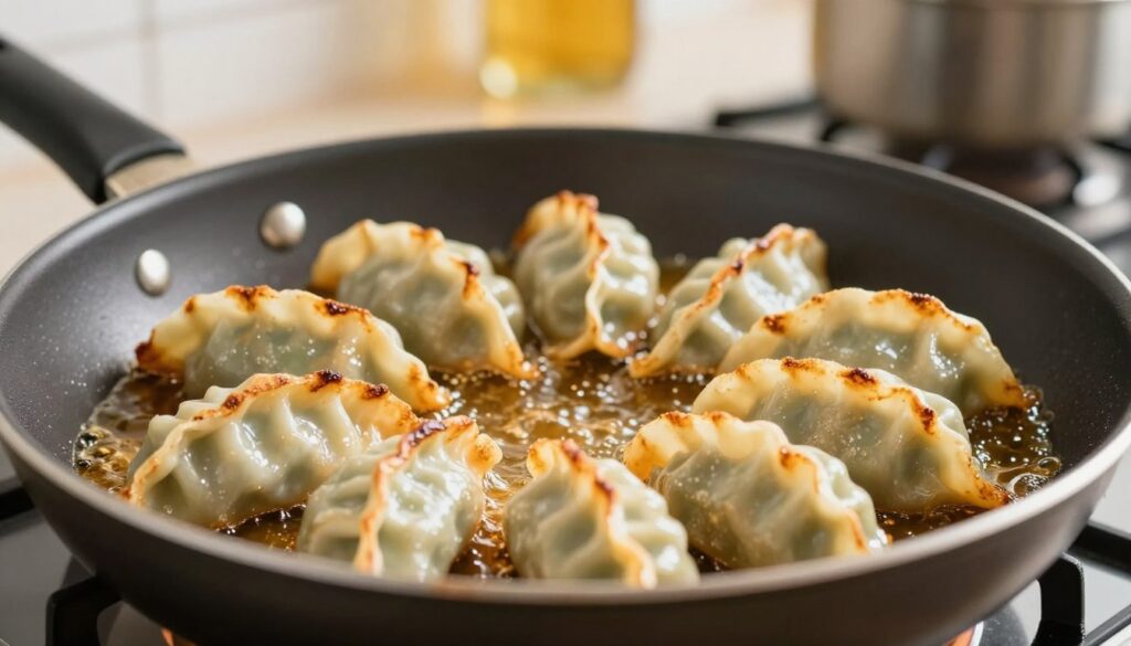 A close-up shot of a frying pan on a stove, filled with glistening golden-brown crispy dumplings. The dumplings are perfectly golden, showcasing their crunchiness, and they are sizzling lightly in a pool of clear, shimmering frying fat. To the foreground, emphasize the rich texture of the frying fat, giving it a vibrant, appetizing appearance. In the background, a softly blurred kitchen environment provides a warm and inviting atmosphere with soft, natural lighting. The scene is filled with a sense of home-cooked comfort, enhancing the beauty of the dumplings and the frying process. Use a shallow depth of field to focus sharply on the pan while the background remains softly out of focus, creating an intimate and engaging culinary scene. A close-up shot of a frying pan on a stove, filled with glistening golden-brown crispy dumplings. The dumplings are perfectly golden, showcasing their crunchiness, and they are sizzling lightly in a pool of clear, shimmering frying fat. To the foreground, emphasize the rich texture of the frying fat, giving it a vibrant, appetizing appearance. In the background, a softly blurred kitchen environment provides a warm and inviting atmosphere with soft, natural lighting. The scene is filled with a sense of home-cooked comfort, enhancing the beauty of the dumplings and the frying process. Use a shallow depth of field to focus sharply on the pan while the background remains softly out of focus, creating an intimate and engaging culinary scene.