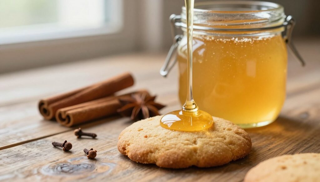 A close-up shot of a jar of golden honey, glistening with a warm, inviting hue, placed on a rustic wooden table. The honey is drizzled onto a soft gingerbread cookie, highlighting the connection between the two. In the background, spices like cinnamon sticks and cloves are neatly arranged, hinting at their role in the gingerbread recipe. Soft, natural lighting filters through a nearby window, casting gentle shadows and enhancing the textures of the honey and cookie. The scene embodies a cozy, homey atmosphere, inviting viewers to appreciate the importance of ingredients and proportions in achieving the ideal softness in gingerbread cookies. The focus is sharp on the honey and cookie, with a blurred background for depth. A close-up shot of a jar of golden honey, glistening with a warm, inviting hue, placed on a rustic wooden table. The honey is drizzled onto a soft gingerbread cookie, highlighting the connection between the two. In the background, spices like cinnamon sticks and cloves are neatly arranged, hinting at their role in the gingerbread recipe. Soft, natural lighting filters through a nearby window, casting gentle shadows and enhancing the textures of the honey and cookie. The scene embodies a cozy, homey atmosphere, inviting viewers to appreciate the importance of ingredients and proportions in achieving the ideal softness in gingerbread cookies. The focus is sharp on the honey and cookie, with a blurred background for depth.