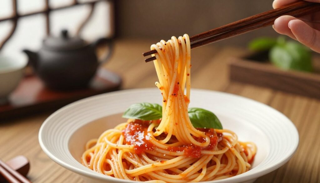 A close-up shot of a pair of chopsticks held correctly over a bowl of pasta, with a focus on the grip technique. In the foreground, the chopsticks are poised delicately, expertly grasping a single long strand of spaghetti. The middle ground features a beautifully arranged bowl of spaghetti topped with fresh basil and a light tomato sauce, reflecting an inviting texture. The background is softly blurred, showcasing a dining table with traditional Japanese elements, such as a small tea set and tasteful decorations. The scene is warmly lit to create a cozy atmosphere, suggesting a pleasant dining experience. Capture the moment from a slight angle, emphasizing the correctness of the chopstick hold while maintaining a professional aesthetic.
