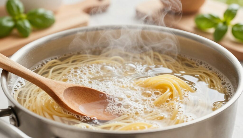 A close-up shot of a pot of boiling pasta water with steam rising, highlighting the bubbles and movement of the water. In the foreground, a small wooden spoon rests against the pot, suggesting a moment of stirring. In the middle, strands of spaghetti are partially submerged, showcasing the texture of the pasta. The background features a softly blurred kitchen setting with rustic utensils and fresh basil sprigs, adding an inviting atmosphere. The lighting is warm and natural, simulating a sunlit kitchen, creating a cozy and homely mood. The image captures the essence of cooking pasta while focusing on the importance of the pasta water. A close-up shot of a pot of boiling pasta water with steam rising, highlighting the bubbles and movement of the water. In the foreground, a small wooden spoon rests against the pot, suggesting a moment of stirring. In the middle, strands of spaghetti are partially submerged, showcasing the texture of the pasta. The background features a softly blurred kitchen setting with rustic utensils and fresh basil sprigs, adding an inviting atmosphere. The lighting is warm and natural, simulating a sunlit kitchen, creating a cozy and homely mood. The image captures the essence of cooking pasta while focusing on the importance of the pasta water.