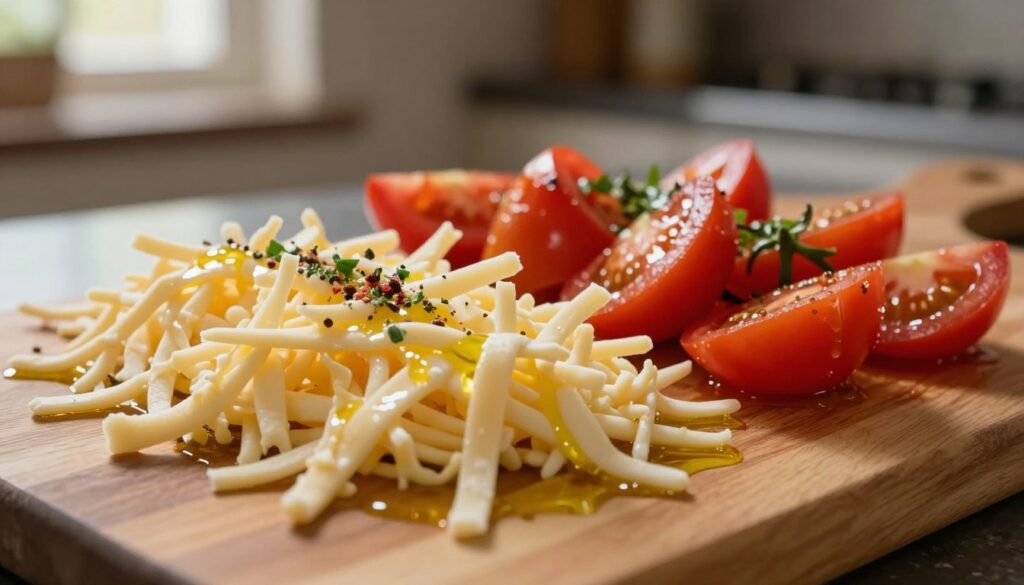 A close-up shot of a wooden cutting board featuring a vibrant array of ingredients for tortilla pizza preparation. In the foreground, a generous mound of shredded cheese, with a rich, creamy texture, shimmering under soft, warm lighting. Surrounding the cheese are bright red diced tomatoes, glistening with moisture, drizzled with golden olive oil that catches the light beautifully. A sprinkle of fresh herbs and spices adds pops of green and hints of color throughout. The background softly blurs into the warm tones of a kitchen environment, hinting at a rustic ambiance with wooden utensils and a faint glow from a window. The mood is inviting and warm, emphasizing a cozy cooking atmosphere. The focus is on the ingredients, showcasing their freshness and vibrancy, inviting the viewer to think about the delicious pizza to come. A close-up shot of a wooden cutting board featuring a vibrant array of ingredients for tortilla pizza preparation. In the foreground, a generous mound of shredded cheese, with a rich, creamy texture, shimmering under soft, warm lighting. Surrounding the cheese are bright red diced tomatoes, glistening with moisture, drizzled with golden olive oil that catches the light beautifully. A sprinkle of fresh herbs and spices adds pops of green and hints of color throughout. The background softly blurs into the warm tones of a kitchen environment, hinting at a rustic ambiance with wooden utensils and a faint glow from a window. The mood is inviting and warm, emphasizing a cozy cooking atmosphere. The focus is on the ingredients, showcasing their freshness and vibrancy, inviting the viewer to think about the delicious pizza to come.