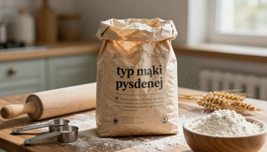A close-up view of a bag of refined wheat flour, labeled "typ mąki pszennej," standing on a rustic wooden kitchen table. The flour bag should be made of brown paper with a vintage design, showcasing grains of wheat in the background. In the foreground, there are kitchen tools like a rolling pin, measuring cups, and a bowl filled with flour, dusted lightly with flour particles shimmering in soft, natural light. The atmosphere should evoke a sense of warmth and home baking, with gentle sunlight pouring in from a nearby window, casting soft shadows. The focus should be sharp on the flour bag while blurring the background to emphasize the subject. A close-up view of a bag of refined wheat flour, labeled "typ mąki pszennej," standing on a rustic wooden kitchen table. The flour bag should be made of brown paper with a vintage design, showcasing grains of wheat in the background. In the foreground, there are kitchen tools like a rolling pin, measuring cups, and a bowl filled with flour, dusted lightly with flour particles shimmering in soft, natural light. The atmosphere should evoke a sense of warmth and home baking, with gentle sunlight pouring in from a nearby window, casting soft shadows. The focus should be sharp on the flour bag while blurring the background to emphasize the subject.