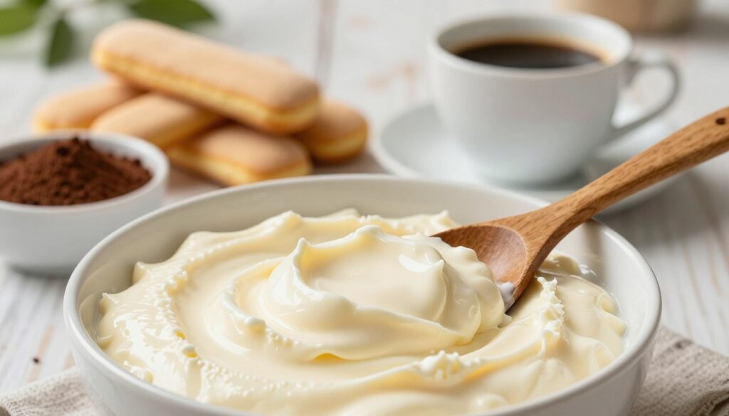 A close-up view of a creamy bowl of mascarpone cheese, with a smooth, velvety texture glistening under soft, diffused natural light. In the foreground, a wooden spoon rests beside the bowl, partially dipped into the mascarpone, suggesting freshness and readiness for use. The middle ground features a beautifully arranged display of ingredients, including golden-brown ladyfinger biscuits, rich espresso coffee in a delicate cup, and a dusting of cocoa powder in a small bowl. The background softly fades into a rustic kitchen setting, with light-colored wood and subtle hints of greenery. The overall atmosphere conveys warmth and culinary creativity, inviting the viewer to explore the delightful world of homemade tiramisu.