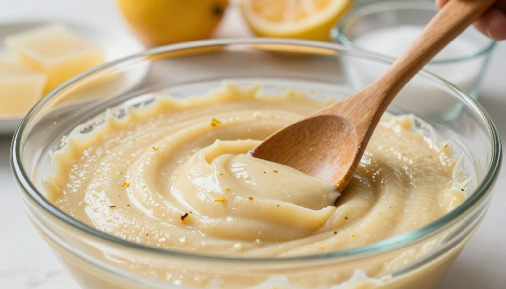 A close-up view of a creamy, rich masa serowa, showcasing its smooth texture and a few visible specks of added ingredients like vanilla and citrus zest. The masa is presented in a glass mixing bowl, with a wooden spoon gently stirring it, revealing its glossy consistency. In the background, softly blurred ingredients such as gelatin sheets, fruits, and a measuring cup filled with granulated sugar create a warm kitchen atmosphere. The lighting is soft and natural, streaming in from a window, casting gentle highlights on the masa’s surface, enhancing its appetizing appeal. The overall mood is cozy and inviting, perfect for a culinary setting focused on precise dessert preparation. A close-up view of a creamy, rich masa serowa, showcasing its smooth texture and a few visible specks of added ingredients like vanilla and citrus zest. The masa is presented in a glass mixing bowl, with a wooden spoon gently stirring it, revealing its glossy consistency. In the background, softly blurred ingredients such as gelatin sheets, fruits, and a measuring cup filled with granulated sugar create a warm kitchen atmosphere. The lighting is soft and natural, streaming in from a window, casting gentle highlights on the masa’s surface, enhancing its appetizing appeal. The overall mood is cozy and inviting, perfect for a culinary setting focused on precise dessert preparation.