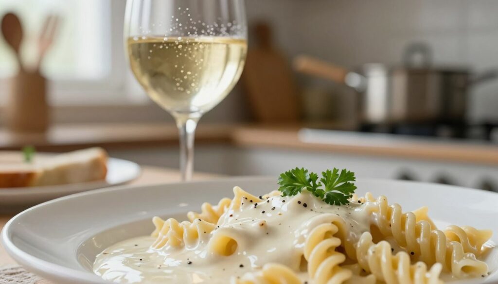 A close-up view of a creamy white wine sauce, rich and velvety, reflecting light off its surface, showcasing its smooth texture. In the foreground, a plate of alfredo pasta twirls with bits of black pepper and fresh parsley garnishing it. The middle is filled with a glass of chilled white wine, glistening with condensation, slight bubbles forming as light refracts through the glass. In the background, a soft-focus kitchen setting suggests warmth and home cooking, with hints of wooden utensils and a simmering pot. The atmosphere is inviting and cozy, illuminated by soft natural light streaming from a nearby window, creating a comforting ambiance perfect for an elegant dining experience. A close-up view of a creamy white wine sauce, rich and velvety, reflecting light off its surface, showcasing its smooth texture. In the foreground, a plate of alfredo pasta twirls with bits of black pepper and fresh parsley garnishing it. The middle is filled with a glass of chilled white wine, glistening with condensation, slight bubbles forming as light refracts through the glass. In the background, a soft-focus kitchen setting suggests warmth and home cooking, with hints of wooden utensils and a simmering pot. The atmosphere is inviting and cozy, illuminated by soft natural light streaming from a nearby window, creating a comforting ambiance perfect for an elegant dining experience.