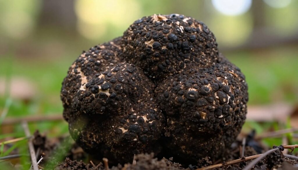 A close-up view of a fresh truffle, focusing on its textured skin. The foreground highlights the intricate, rough surface of the truffle, showcasing the earthy colors of dark brown and black, with tiny crevices and bumps that reveal its quality. Surrounding the truffle are hints of soil and grass, emphasizing its natural habitat. In the background, a soft-focus forest environment is visible with dappled sunlight filtering through the leaves, creating a warm and inviting atmosphere. The lighting is natural and soft, enhancing the details of the truffle's skin. Capture the essence of freshness and quality, inviting a sense of wonder about this exquisite underground fungus.