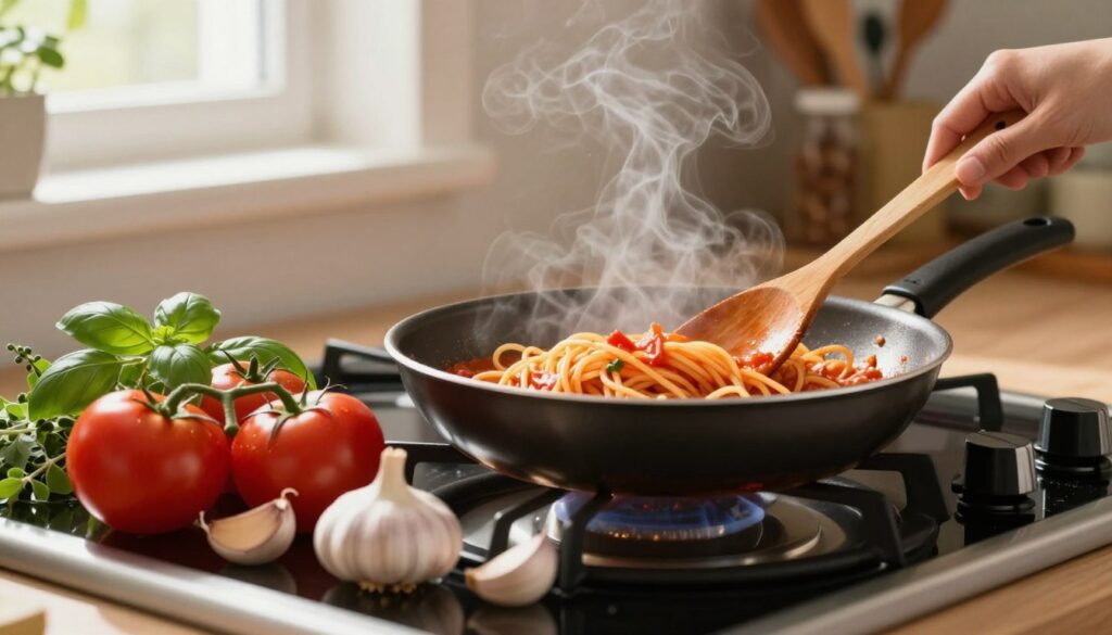 A close-up view of a frying pan on a modern kitchen stove, featuring vibrant ingredients for spaghetti sauce. In the foreground, juicy ripe tomatoes, fresh cloves of garlic, and aromatic herbs like basil and oregano are artistically arranged beside the frying pan. The pan is sizzling with a rich, simmering sauce, steam rising gently upward. In the middle ground, a wooden spoon stirs the sauce, and the stove's control knobs are subtly visible. The background shows blurred kitchen shelves with spices and cooking utensils, bringing warmth to the atmosphere. Soft, natural light filters through a nearby window, casting delicate shadows. The mood is inviting and cozy, perfect for a home-cooking scene.
