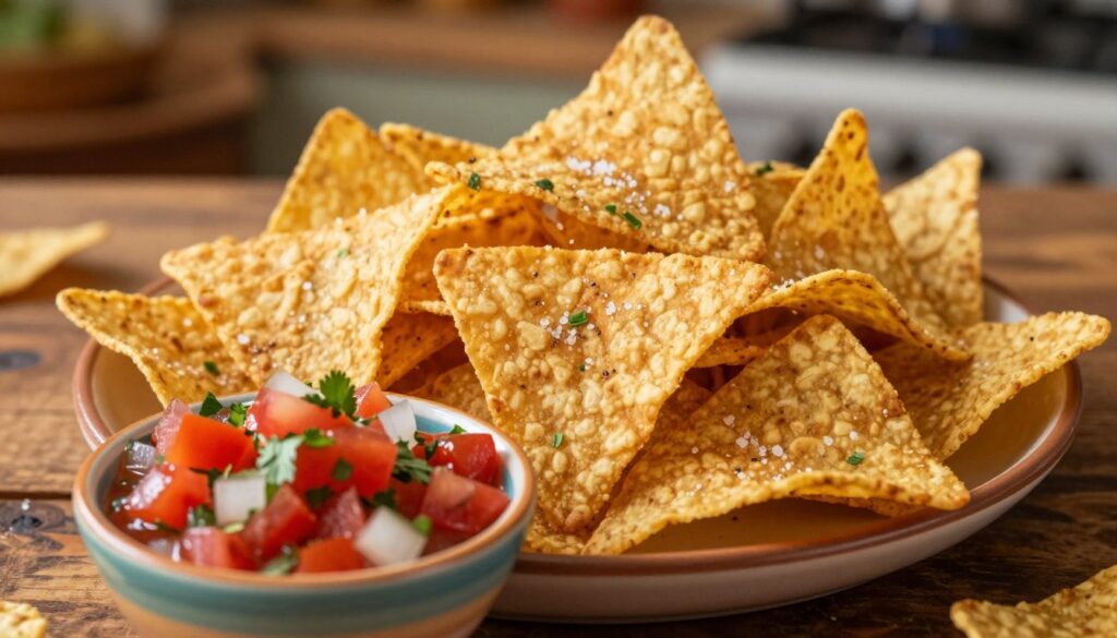 A close-up view of a golden-brown plate of freshly baked nachos made from homemade tortilla chips, arranged artfully on a rustic wooden table. The chips are perfectly crisp, with edges slightly curled and a light sprinkle of sea salt. In the foreground, a vibrant salsa with diced tomatoes, onions, and cilantro is served in a small, colorful bowl, glistening in the light. Soft, warm lighting creates an inviting atmosphere, highlighting the textures of the nachos and the vibrant colors of the salsa. In the background, blurred hints of a cozy kitchen can be seen, emphasizing the homemade aspect of the dish. The composition conveys warmth and a sense of comfort, enticing viewers to create their own crunchy nachos at home. A close-up view of a golden-brown plate of freshly baked nachos made from homemade tortilla chips, arranged artfully on a rustic wooden table. The chips are perfectly crisp, with edges slightly curled and a light sprinkle of sea salt. In the foreground, a vibrant salsa with diced tomatoes, onions, and cilantro is served in a small, colorful bowl, glistening in the light. Soft, warm lighting creates an inviting atmosphere, highlighting the textures of the nachos and the vibrant colors of the salsa. In the background, blurred hints of a cozy kitchen can be seen, emphasizing the homemade aspect of the dish. The composition conveys warmth and a sense of comfort, enticing viewers to create their own crunchy nachos at home.