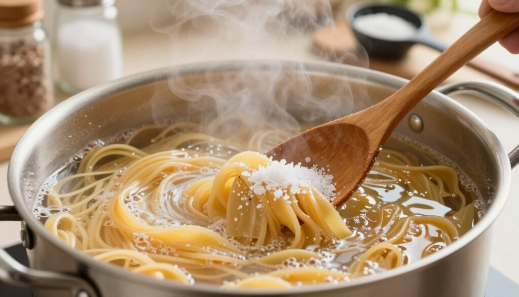 A close-up view of a large pot filled with boiling water, with a generous amount of salt sprinkled on top, illustrating the process of cooking pasta without it sticking together. In the foreground, a wooden spoon is gently stirring the pasta, creating a swirling motion. The middle ground showcases the steam rising from the pot, capturing the vibrant colors of the pasta, glistening with a light sheen from the water. In the background, a kitchen countertop adorned with ingredients like salt and a measuring spoon, creating an inviting atmosphere. Soft, warm lighting illuminates the scene, with a focus lens that blurs the background slightly, emphasizing the pot and pasta. The overall mood is warm and homey, suggesting a pleasant cooking experience. A close-up view of a large pot filled with boiling water, with a generous amount of salt sprinkled on top, illustrating the process of cooking pasta without it sticking together. In the foreground, a wooden spoon is gently stirring the pasta, creating a swirling motion. The middle ground showcases the steam rising from the pot, capturing the vibrant colors of the pasta, glistening with a light sheen from the water. In the background, a kitchen countertop adorned with ingredients like salt and a measuring spoon, creating an inviting atmosphere. Soft, warm lighting illuminates the scene, with a focus lens that blurs the background slightly, emphasizing the pot and pasta. The overall mood is warm and homey, suggesting a pleasant cooking experience.