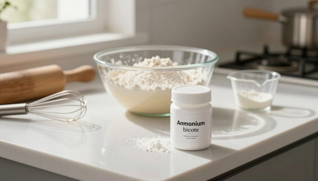 A close-up view of a modern kitchen countertop showcasing a bowl of flour and a small container of ammonium bicarbonate, emphasized as a baking substitute. In the foreground, the ammonium container is elegantly labeled and designed with a minimalist style. The middle ground features a traditional mixing bowl filled with a dough mixture, highlighting its texture, with baking utensils scattered around, including a whisk and measuring cups. In the background, soft natural light streams in through a window, illuminating the space and casting gentle shadows, creating a warm and inviting atmosphere. The overall mood conveys a sense of creativity and experimentation in baking, ideal for anyone looking to substitute baking powder with ammonium. A close-up view of a modern kitchen countertop showcasing a bowl of flour and a small container of ammonium bicarbonate, emphasized as a baking substitute. In the foreground, the ammonium container is elegantly labeled and designed with a minimalist style. The middle ground features a traditional mixing bowl filled with a dough mixture, highlighting its texture, with baking utensils scattered around, including a whisk and measuring cups. In the background, soft natural light streams in through a window, illuminating the space and casting gentle shadows, creating a warm and inviting atmosphere. The overall mood conveys a sense of creativity and experimentation in baking, ideal for anyone looking to substitute baking powder with ammonium.