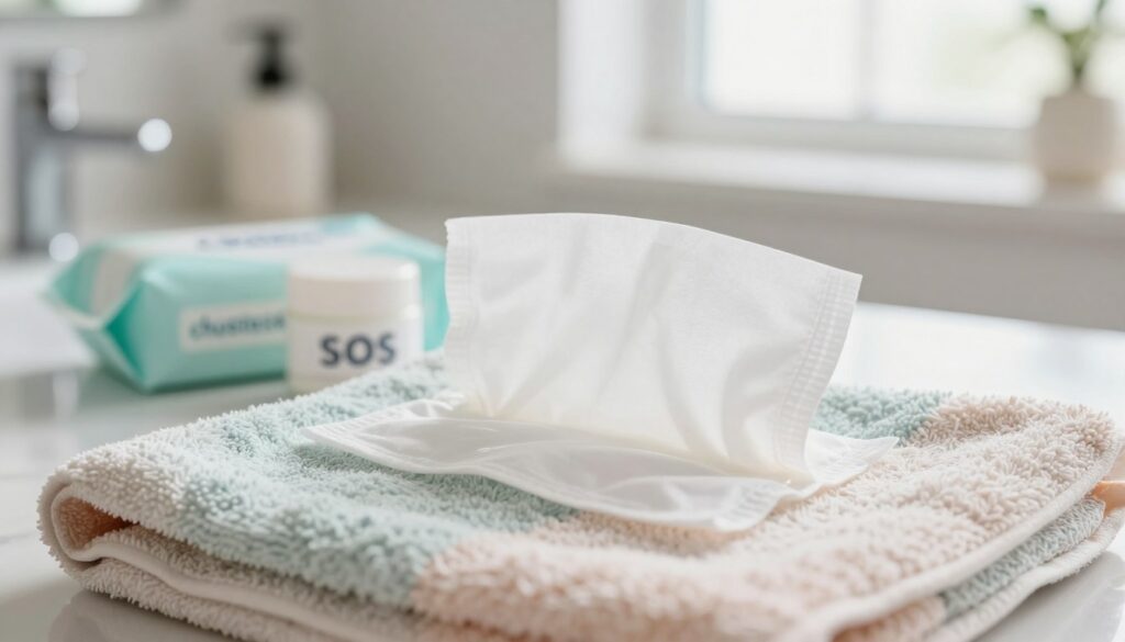 A close-up view of a neatly arranged set of "chusteczki" (wipes) designed for removing hair dye from skin. The foreground features a soft, textured towel in gentle pastel colors, with decorative wipes partially opened, showcasing their smooth, moist surface. In the middle, a small stylish container labeled "SOS" is placed alongside the wipes, emphasizing its professional quality. The background is a softly blurred bathroom setting, illuminated by natural light filtering through a window, creating a fresh and clean atmosphere. The overall mood is calm and inviting, suggesting a gentle solution for skincare. Aim for a balanced composition, focusing on the wipes and container while providing a hint of the serene environment.