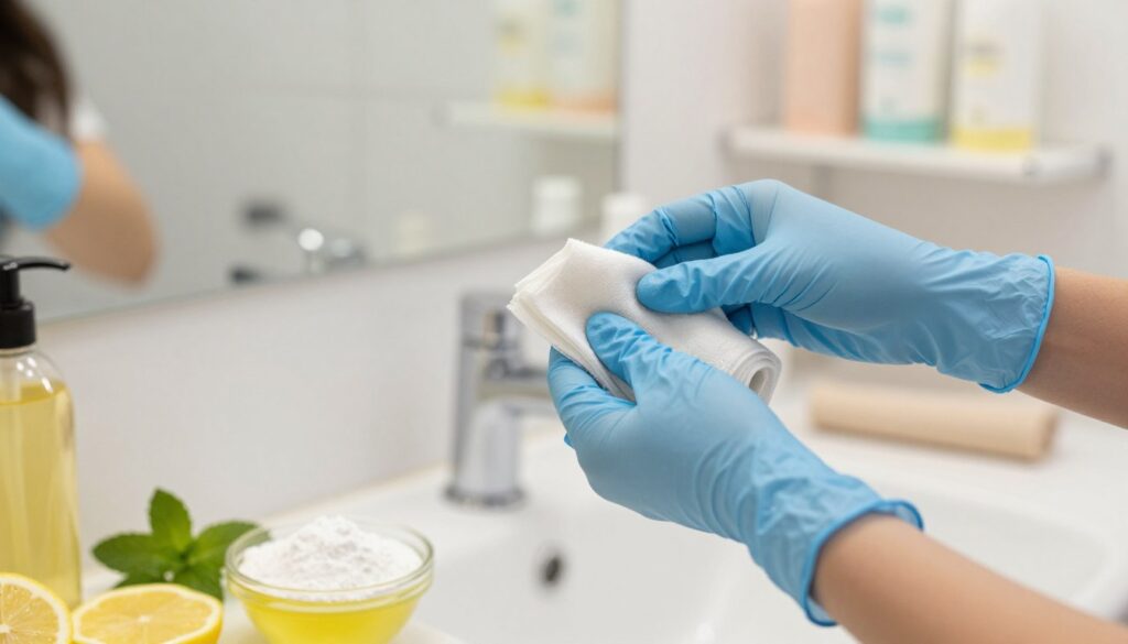 A close-up view of a pair of hands gently scrubbing away hair dye with a soft cloth. The hands are showing light skin tones, wearing light blue latex gloves for protection. The setting is a bright, clean bathroom with a mirror in the background reflecting a subtle hint of hair care products like shampoo and conditioner on a shelf. The light is soft and natural, casting a warm glow. In the foreground, there’s a small bowl containing natural remedies for dye removal, such as baking soda, lemon juice, and olive oil, surrounded by some fresh lemon slices and sprigs of mint. The overall atmosphere is calm and inviting, capturing a moment of self-care in hair maintenance.