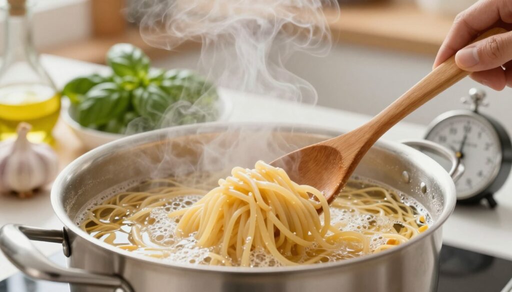 A close-up view of a pot of boiling pasta, with steam rising above the surface, creating a sense of heat and activity in the kitchen. In the foreground, a wooden spoon is stirring the pasta to illustrate the technique of mixing, while a timer is visibly set on a nearby countertop to emphasize the importance of timekeeping. The middle ground features fresh ingredients like basil and garlic, hinting at a possible sauce, with a splash of olive oil nearby. The background shows a softly lit kitchen setting, with warm tones creating an inviting atmosphere. The scene captures a moment of focus and precision, accentuating the culinary process without distractions. A close-up view of a pot of boiling pasta, with steam rising above the surface, creating a sense of heat and activity in the kitchen. In the foreground, a wooden spoon is stirring the pasta to illustrate the technique of mixing, while a timer is visibly set on a nearby countertop to emphasize the importance of timekeeping. The middle ground features fresh ingredients like basil and garlic, hinting at a possible sauce, with a splash of olive oil nearby. The background shows a softly lit kitchen setting, with warm tones creating an inviting atmosphere. The scene captures a moment of focus and precision, accentuating the culinary process without distractions.