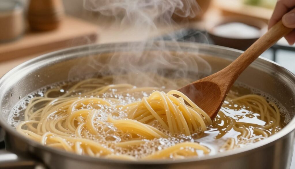 A close-up view of a pot of spaghetti cooking, with strands of pasta swirling in bubbling water, steam rising to create a warm atmosphere. In the foreground, focus on the texture of the al dente pasta, perfectly cooked and slightly firm, glistening with droplets of water. The middle ground features an inviting kitchen setting, with a wooden spoon stirring the pasta and a sprinkle of salt nearby. In the background, a cozy kitchen scene with soft, warm lighting that enhances the intimate cooking atmosphere, reflecting a culinary moment of care. The camera angle captures the action from a slightly elevated perspective, allowing for depth and focus on the pasta, immersing the viewer in the cooking experience. A close-up view of a pot of spaghetti cooking, with strands of pasta swirling in bubbling water, steam rising to create a warm atmosphere. In the foreground, focus on the texture of the al dente pasta, perfectly cooked and slightly firm, glistening with droplets of water. The middle ground features an inviting kitchen setting, with a wooden spoon stirring the pasta and a sprinkle of salt nearby. In the background, a cozy kitchen scene with soft, warm lighting that enhances the intimate cooking atmosphere, reflecting a culinary moment of care. The camera angle captures the action from a slightly elevated perspective, allowing for depth and focus on the pasta, immersing the viewer in the cooking experience.