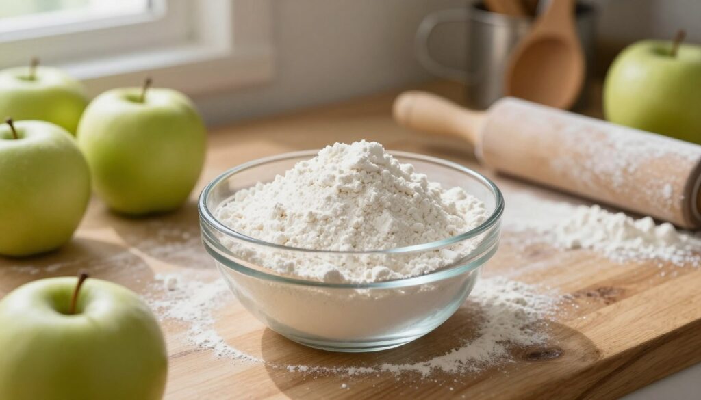 A close-up view of a rustic wooden kitchen counter, showcasing a small, transparent glass bowl filled with a fine, white powder of potato starch (mąka ziemniaczana). The powder appears light and airy, with a soft texture. Surrounding the bowl, there are fresh, green apples and a rolling pin dusted with flour, hinting at preparation for apple pie. The background features soft-focused kitchen utensils, such as measuring cups and wooden spoons, creating a warm, inviting atmosphere. Gentle, natural light filters in from a nearby window, casting soft shadows and highlighting the freshness of the ingredients. The image captures a sense of homely comfort, ideal for someone looking to enhance their apple filling with classic thickening agents.