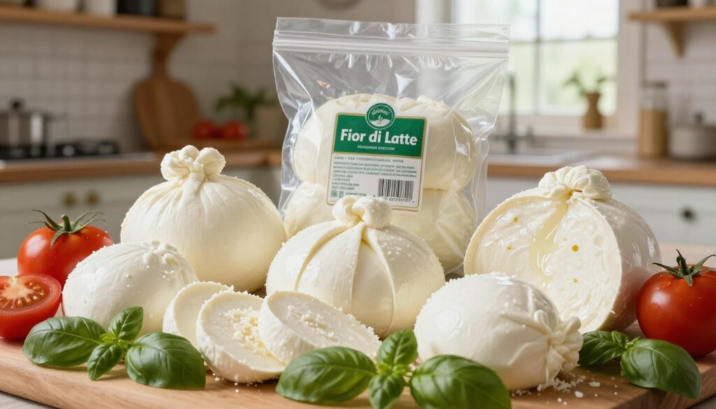 A close-up view of a selection of fresh mozzarella cheeses, showcasing different forms: fior di latte, grated, and mozzarella in brine. The foreground features a beautifully arranged platter with the cheeses surrounded by fresh basil leaves and ripe tomatoes, emphasizing their freshness and quality. The middle ground highlights a clear package of mozzarella, allowing visibility of the product and its ingredients. In the background, a rustic kitchen setting with wooden shelves and soft natural light streaming through a window creates a warm atmosphere. The overall mood is inviting and fresh, capturing the essence of purchasing high-quality mozzarella for pizza. The angle is slightly above eye level, providing a comprehensive view of the arrangement without any text or overlays. A close-up view of a selection of fresh mozzarella cheeses, showcasing different forms: fior di latte, grated, and mozzarella in brine. The foreground features a beautifully arranged platter with the cheeses surrounded by fresh basil leaves and ripe tomatoes, emphasizing their freshness and quality. The middle ground highlights a clear package of mozzarella, allowing visibility of the product and its ingredients. In the background, a rustic kitchen setting with wooden shelves and soft natural light streaming through a window creates a warm atmosphere. The overall mood is inviting and fresh, capturing the essence of purchasing high-quality mozzarella for pizza. The angle is slightly above eye level, providing a comprehensive view of the arrangement without any text or overlays.