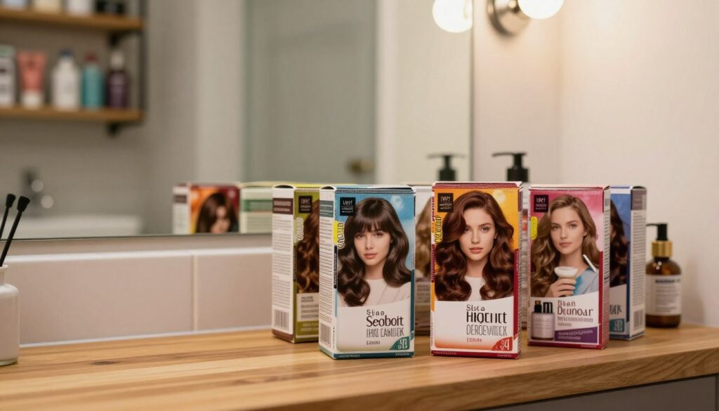 A close-up view of a selection of hair dye products specifically designed for covering hair roots, displayed on a wooden countertop. In the foreground, vibrant boxes of both drugstore and professional-grade hair dyes are arranged aesthetically, showcasing their colorful labels and application instructions. The middle ground features a gently blurred reflection of a stylish bathroom with a large mirror and soft lighting, creating an inviting and professional atmosphere. The background hints at a well-organized shelf stocked with various hair care products, enhancing the context of hair coloring. The lighting is warm and natural, suggesting a relaxed, homey environment while focusing on the products. The mood is informative and serene, perfect for someone looking to make a thoughtful choice for hair dye. A close-up view of a selection of hair dye products specifically designed for covering hair roots, displayed on a wooden countertop. In the foreground, vibrant boxes of both drugstore and professional-grade hair dyes are arranged aesthetically, showcasing their colorful labels and application instructions. The middle ground features a gently blurred reflection of a stylish bathroom with a large mirror and soft lighting, creating an inviting and professional atmosphere. The background hints at a well-organized shelf stocked with various hair care products, enhancing the context of hair coloring. The lighting is warm and natural, suggesting a relaxed, homey environment while focusing on the products. The mood is informative and serene, perfect for someone looking to make a thoughtful choice for hair dye.