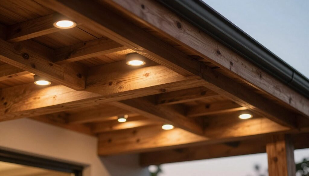 A close-up view of a wooden eaves structure showcasing strategically placed LED light fixtures and recessed spotlights. The foreground features detailed textures of the wooden beams, highlighting their natural grain. In the middle ground, several LED strips are spaced evenly, illuminating the wood and creating soft, warm light pools; the distance between the light sources is highlighted for clarity. The background presents a subtle natural twilight sky that enhances the overall ambiance. The overall mood is warm and inviting, emphasizing a well-lit area free of dark spots, creating a cozy atmosphere perfect for outdoor spaces. The lighting is soft and directed to focus on the wooden eaves, with a slightly angled perspective to showcase the layout effectively. A close-up view of a wooden eaves structure showcasing strategically placed LED light fixtures and recessed spotlights. The foreground features detailed textures of the wooden beams, highlighting their natural grain. In the middle ground, several LED strips are spaced evenly, illuminating the wood and creating soft, warm light pools; the distance between the light sources is highlighted for clarity. The background presents a subtle natural twilight sky that enhances the overall ambiance. The overall mood is warm and inviting, emphasizing a well-lit area free of dark spots, creating a cozy atmosphere perfect for outdoor spaces. The lighting is soft and directed to focus on the wooden eaves, with a slightly angled perspective to showcase the layout effectively.