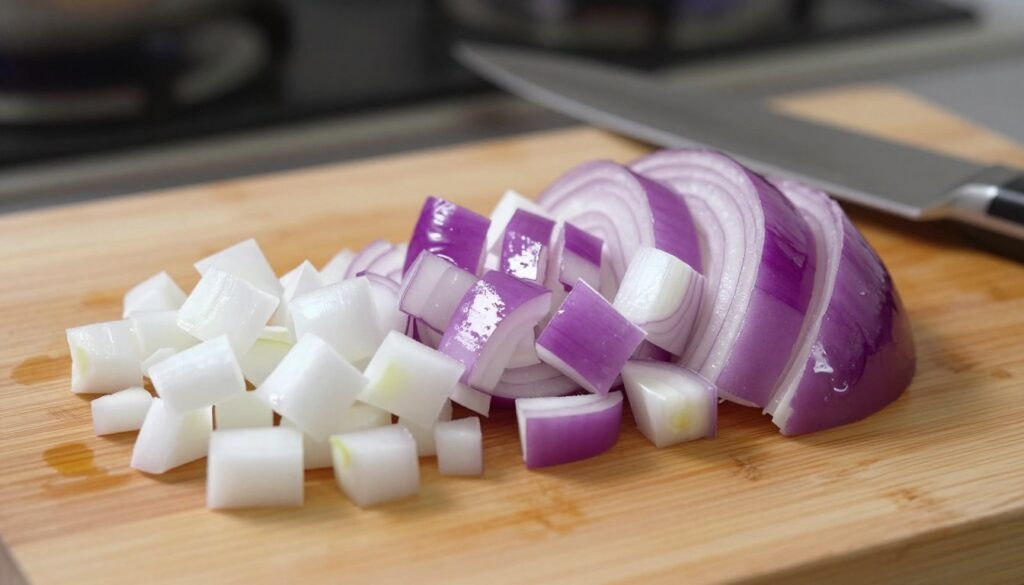 A close-up view of diced onions displayed on a wooden cutting board, showcasing three different sizes of onion cubes: small, medium, and large. The small cubes should be finely diced, the medium cubes should be evenly cut, and the large cubes should be chunky. Use natural lighting to highlight the glossy texture of the onion and emphasize the contrast between the white and purple layers. In the background, a blurred kitchen setting can be seen, with a sharp chef's knife resting beside the board, hinting at a professional culinary environment. The atmosphere should feel fresh and vibrant, evoking the excitement of cooking and food preparation. A close-up view of diced onions displayed on a wooden cutting board, showcasing three different sizes of onion cubes: small, medium, and large. The small cubes should be finely diced, the medium cubes should be evenly cut, and the large cubes should be chunky. Use natural lighting to highlight the glossy texture of the onion and emphasize the contrast between the white and purple layers. In the background, a blurred kitchen setting can be seen, with a sharp chef's knife resting beside the board, hinting at a professional culinary environment. The atmosphere should feel fresh and vibrant, evoking the excitement of cooking and food preparation.