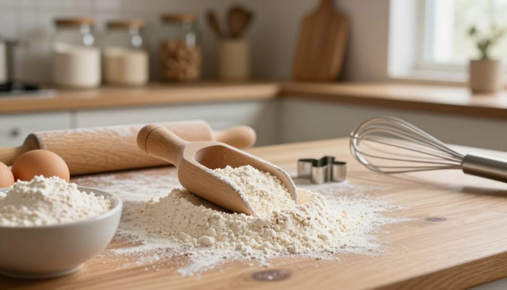 A close-up view of finely milled wheat flour in a rustic kitchen setting, showcasing its soft, powdery texture that spills gently from a wooden scoop onto a wooden countertop. In the foreground, a small bowl holds a mixture of flour, with eggs and a whisk nearby, emphasizing its role in baking. In the middle ground, classic baking tools like a rolling pin and cookie cutters are subtly arranged, hinting at the baking process. The background features shelves lined with jars of various flours and kitchen utensils, creating a warm, inviting atmosphere. Soft, natural light filters through a nearby window, casting gentle shadows and highlighting the flour's delicate grains. The scene conveys a sense of homey comfort and culinary creativity. A close-up view of finely milled wheat flour in a rustic kitchen setting, showcasing its soft, powdery texture that spills gently from a wooden scoop onto a wooden countertop. In the foreground, a small bowl holds a mixture of flour, with eggs and a whisk nearby, emphasizing its role in baking. In the middle ground, classic baking tools like a rolling pin and cookie cutters are subtly arranged, hinting at the baking process. The background features shelves lined with jars of various flours and kitchen utensils, creating a warm, inviting atmosphere. Soft, natural light filters through a nearby window, casting gentle shadows and highlighting the flour's delicate grains. The scene conveys a sense of homey comfort and culinary creativity.