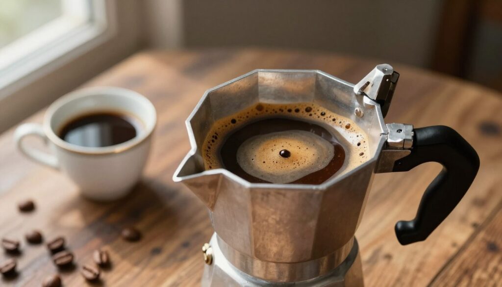 A close-up view of freshly brewed coffee from a traditional moka pot, showcasing the rich, dark espresso with a smooth crema on top. The moka pot is placed on a rustic wooden table, with scattered coffee beans and a small, elegant coffee cup nearby, reflecting the warmth and intensity of the drink. In the background, soft, natural light streams in from a window, illuminating the scene and creating a cozy, inviting atmosphere. The focus is sharp on the moka pot and coffee, while the background gently blurs to enhance the depth. The overall mood conveys a sense of craftsmanship and ritual in coffee preparation, perfect for illustrating strong coffee for tiramisu. A close-up view of freshly brewed coffee from a traditional moka pot, showcasing the rich, dark espresso with a smooth crema on top. The moka pot is placed on a rustic wooden table, with scattered coffee beans and a small, elegant coffee cup nearby, reflecting the warmth and intensity of the drink. In the background, soft, natural light streams in from a window, illuminating the scene and creating a cozy, inviting atmosphere. The focus is sharp on the moka pot and coffee, while the background gently blurs to enhance the depth. The overall mood conveys a sense of craftsmanship and ritual in coffee preparation, perfect for illustrating strong coffee for tiramisu.