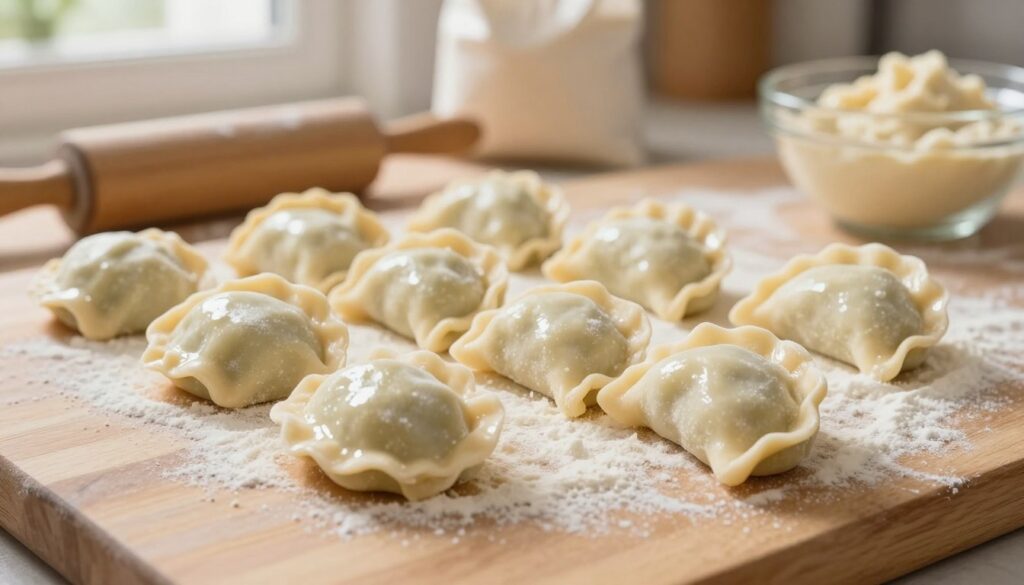 A close-up view of freshly made, silky elastic dough for pierogi, expertly rolled out on a wooden countertop sprinkled with flour. The dough's surface shows a glossy sheen, highlighting its smooth texture, perfect for creating tender dumplings. In the background, a soft-focus view of a well-lit kitchen, with a rolling pin, flour bag, and a bowl filled with creamy filling, hints at the cooking process. Natural light from a window casts gentle shadows, creating a warm and inviting atmosphere. The composition emphasizes the artistry of making the dough, showcasing the careful preparation necessary to achieve a non-sticky and pliable texture, ideal for pierogi. The image conveys a sense of homely comfort and culinary skill. A close-up view of freshly made, silky elastic dough for pierogi, expertly rolled out on a wooden countertop sprinkled with flour. The dough's surface shows a glossy sheen, highlighting its smooth texture, perfect for creating tender dumplings. In the background, a soft-focus view of a well-lit kitchen, with a rolling pin, flour bag, and a bowl filled with creamy filling, hints at the cooking process. Natural light from a window casts gentle shadows, creating a warm and inviting atmosphere. The composition emphasizes the artistry of making the dough, showcasing the careful preparation necessary to achieve a non-sticky and pliable texture, ideal for pierogi. The image conveys a sense of homely comfort and culinary skill.