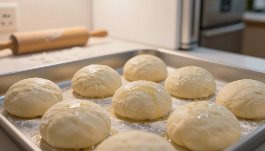 A close-up view of freshly prepared pizza dough balls, sitting in a lightly oiled container. The foreground features several round, smooth dough balls, glistening with a thin layer of oil, emphasizing their softness and freshness. The middle ground displays a clean and organized kitchen counter with a wooden rolling pin and flour dust scattered around, indicating preparation. In the background, there are subtle hints of a well-stocked refrigerator, slightly ajar, with the soft glow of light illuminating the dough. The lighting is warm and inviting, creating a cozy atmosphere that suggests a homely cooking experience. This image captures the essence of preparing raw pizza dough for storage, focusing on the texture and presentation of the dough balls without any text or distractions.